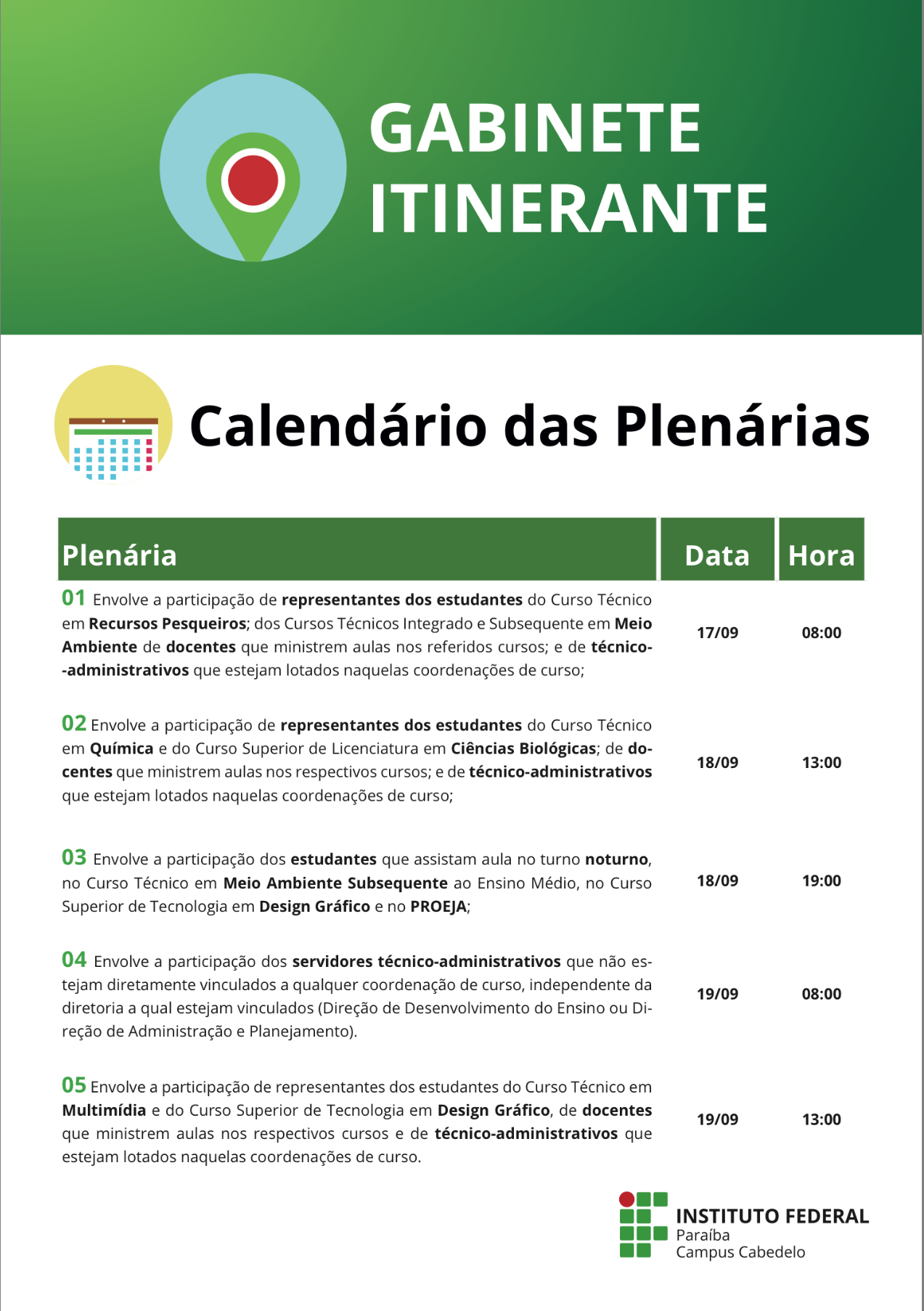 Calendário de Plenarias - Gabinete Itinerante 2018