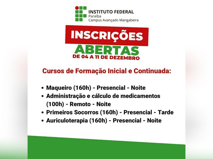 Os cursos são de Administração e Cálculo de Medicamentos, Auriculoterapia, Maqueiro e Primeiros Socorros. Inscrições até dia 11 de dezembro
