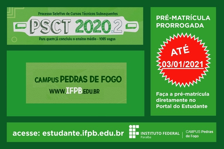 Campus Pedras de Fogo prorroga pré-matrículas do PSCT 2020.2